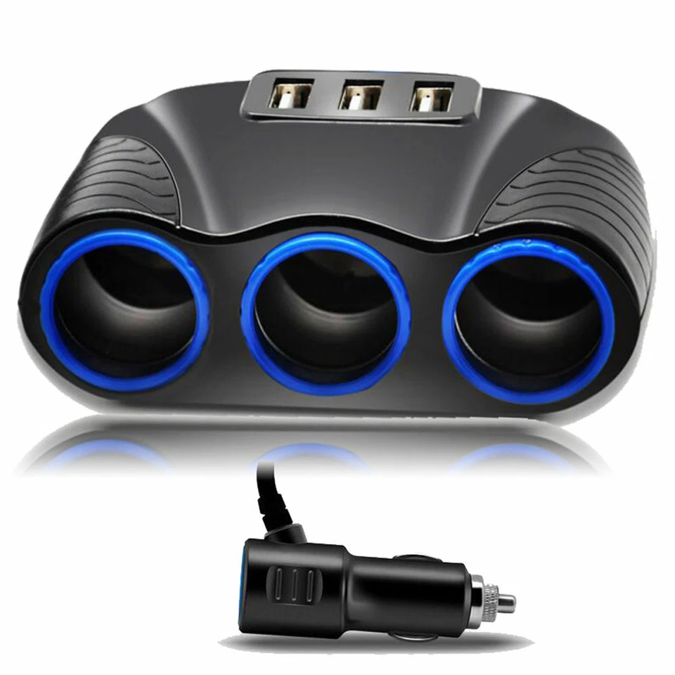 Divisor de enchufe de encendedor de cigarrillos de 3 vías 12 V tres USB cargador adaptador de corriente coche Foto 2 de 4