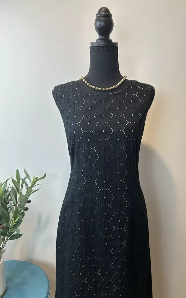 Sz. 12-TALBOTS-Black-Eyelet-SHEATH DRESS-100% Cotton-Sleeveless-$149 - Image 2 of 4
