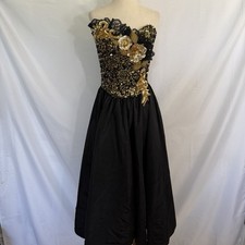 1980s Vintage Loralie Black  Gold Sequin Strapless Prom Party Dress 8 USA