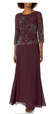 J Kara Womens 3/4 Floral Beaded Gown Dress Wine 6 New