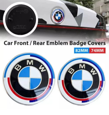 2PCS Front Hood Badge Rear Trunk 82mm 74mm Emblem Fit For BMW 50th Anniversary-