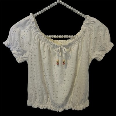 WOMENS WHITE EYELET Puff Sleeve TOP Medium Knit Works Cottagecore Milkmaid Boho