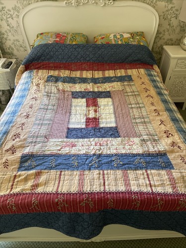 Pottery Barn Patchwork Quilt Blue Red Reversible Queen Denim Chambray Boho