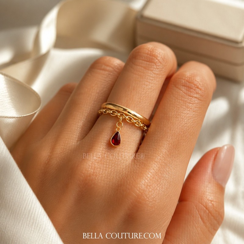 $490NEW 14K YELLOW GOLD NATURAL GARNET VICTORIAN 585 TEARDROP CHAIN RING 6 7 8 9