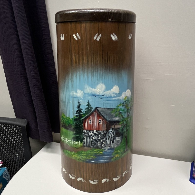 Wooden butter churn w/ Lid, Hand-Painted Watermill Cabin Scene