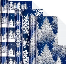 Navy Christmas Wrapping Paper Roll - Min Roll - Snowy Woodland Scenes/Snowflake/
