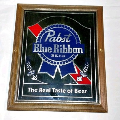 PABST BLUE RIBBON Beer 18'' 1980's Vintage Smoked Glass Mirror Bar Sign #BS1