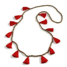 Boho Style Bronze Glass Bead with Red Cotton Tassel Long Necklace - 96cm L