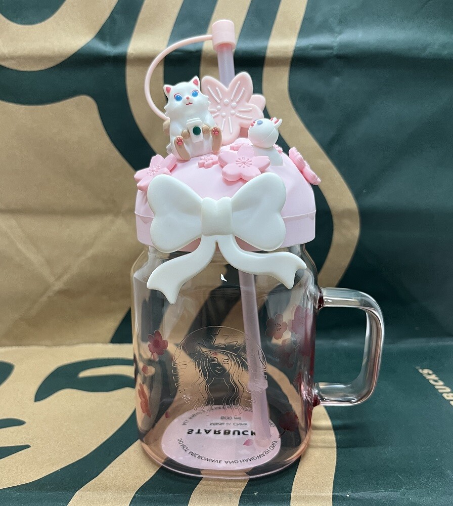 2023 Starbucks Cute Cat Gradient Pink Tumbler + Sakura Topper 20oz Cold Cup Gift