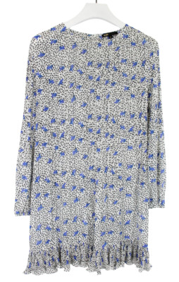 Maje Rockya Dress Womens (EU) 40 Long Sleeve Pleated Ruffle Hem Pattern Mini