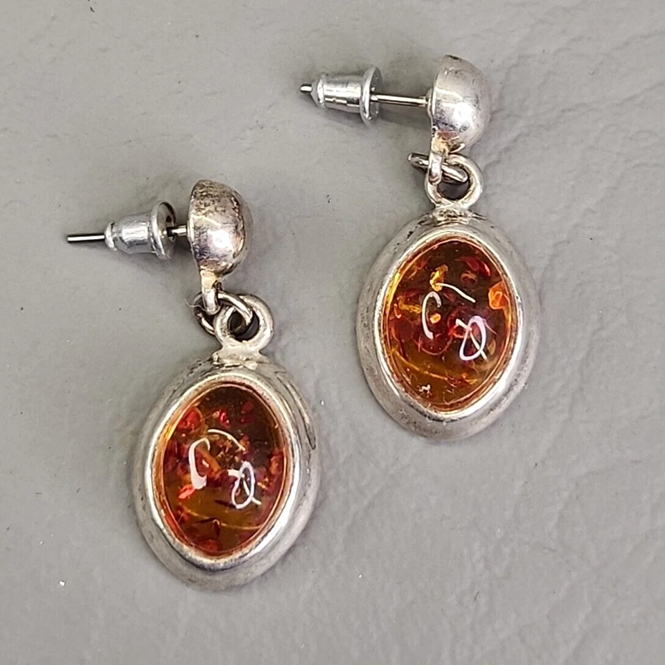 Pendientes perforados ámbar ovalados colgantes bisel naranja espalda abierta tono plata 1,25" Foto 2 de 4