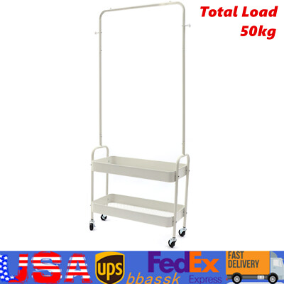 Garment Rack With 2 Tiers Metal Basket Rolling Storage Cart Clothes Organizer