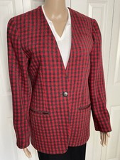 Vintage Liz Claiborne 4 Red Gray Plaid Check Wool Blend 1 Button Blazer Jacket