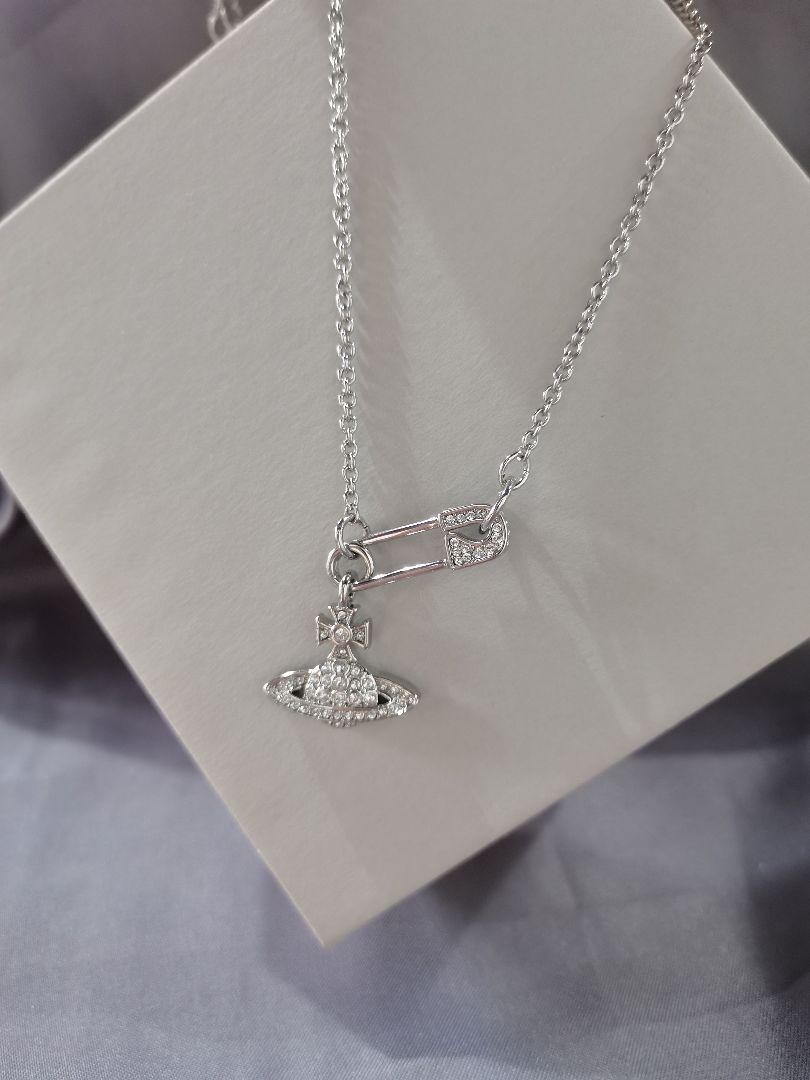 Vivienne Westwood Orb Safety Pin Necklace Silver Chain