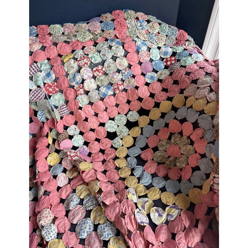 Antique Yo Yo Quilt 94” X 64” 1920s Cotton Fabric Pink Vintage Blanket