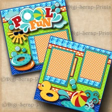 POOL FUN ~ SWIM summer 2 premade scrapbook pages paper piecing layout DIGISCRAP
