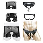 Mens PVC Crotchless Jockstrap Open Butt G-String Enhancer Thong Lift Double Ring