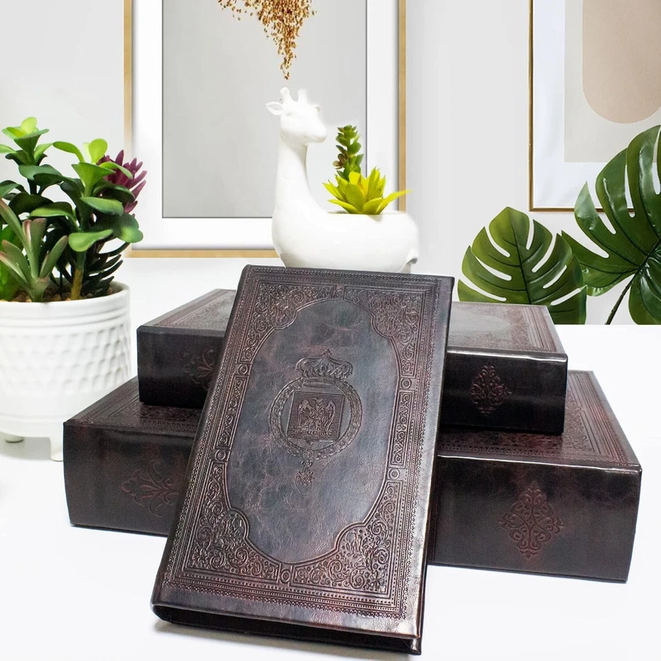 Antique Embossed Leather Book Boxes Set of 3 with Magnetic Snap Closure - Image 3 of 4