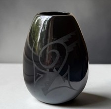 Vintage Memphis Milano Style Black Ceramic Vase Etched Abstract Scroll 1980s