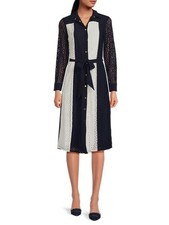 T Tahari Colorblocked Mixed-Media Dress Women's L Evening Navy W White Star L/S