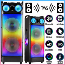 Portable Dual 12'' Wooden Party Bluetooth Speaker Subwoofer Flame Light w/Remote
