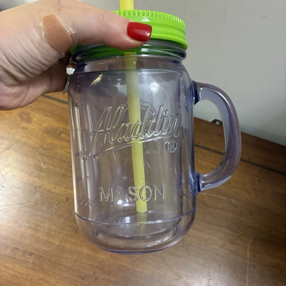 Vaso/taza de albañil aislado Aladdin azul agua con tapa verde y paja 20 OZ Foto 2 de 4