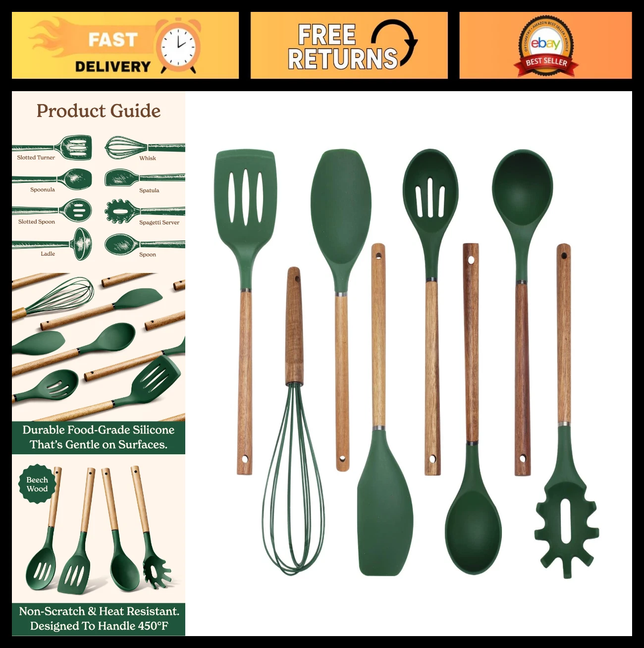 Non-Stick Silicone Utensil Set with Wood Handles - 8 Piece Cooking & Baking Set,
