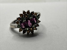 Sterling Silver oval and round Orange purple and Green C Z Ring Size 6, 925