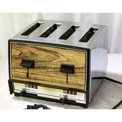 Vintage 4-Slice Toaster Proctor Silex T009N Wood Grain & Chrome. Tested & Works!