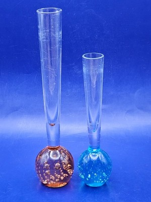 2 Vintage Knospen Vasen kontrolliert Blase blau 16cm & BERNSTEIN 21cm hoch