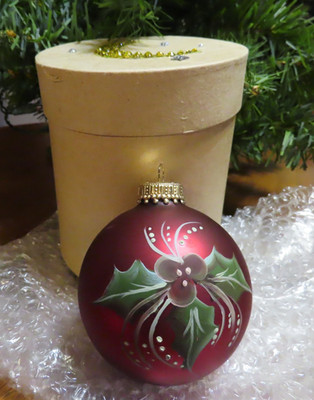 VTG Krebs Christmas Ornament Red 3'' Hand Painted Holly Cap mark ''K'' gift box