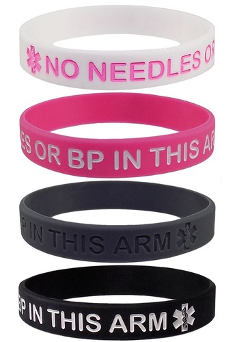 4 PACK XL SIZE- Lymphedema Alert "NO NEEDLES OR BP THIS ARM" Wristbands (4 Pack)