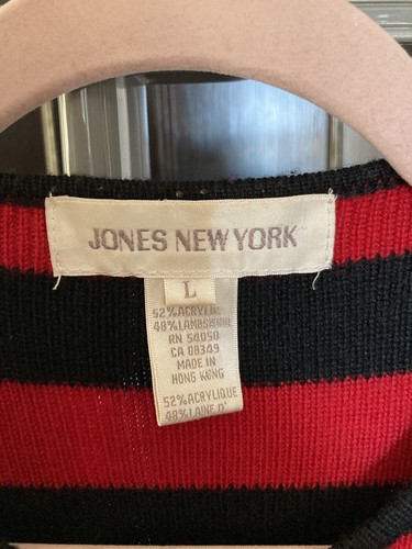Jones New York Blue/Red Stripe Button Front Cardigan Lambswool Size L - Picture 3 of 4