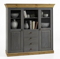 Massivholz Highboard 2Farbig Grau Gelaugt GeöLt Kiefer Vitrine Vitrinen-Schrank