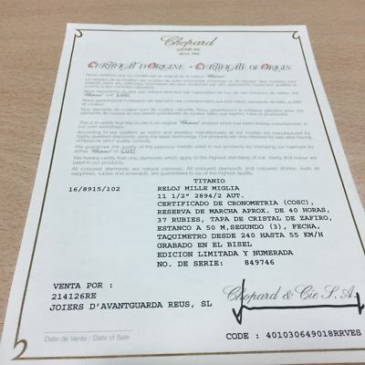  Chopard Certificate of origin guarantee for Mille Miglia watch.