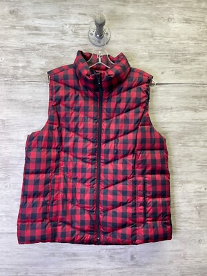 Lands End Puffer Vest Womens L Pink Blue Check Full Zip 600 Fill Down
