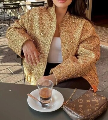 ZARA ZW COLLECTION Sz L SEQUIN JACKET GOLD ROUND NECK NEW