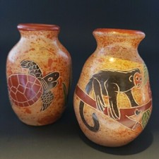 Central American Painted Small Vases Monkey and Turtle Set of TWO