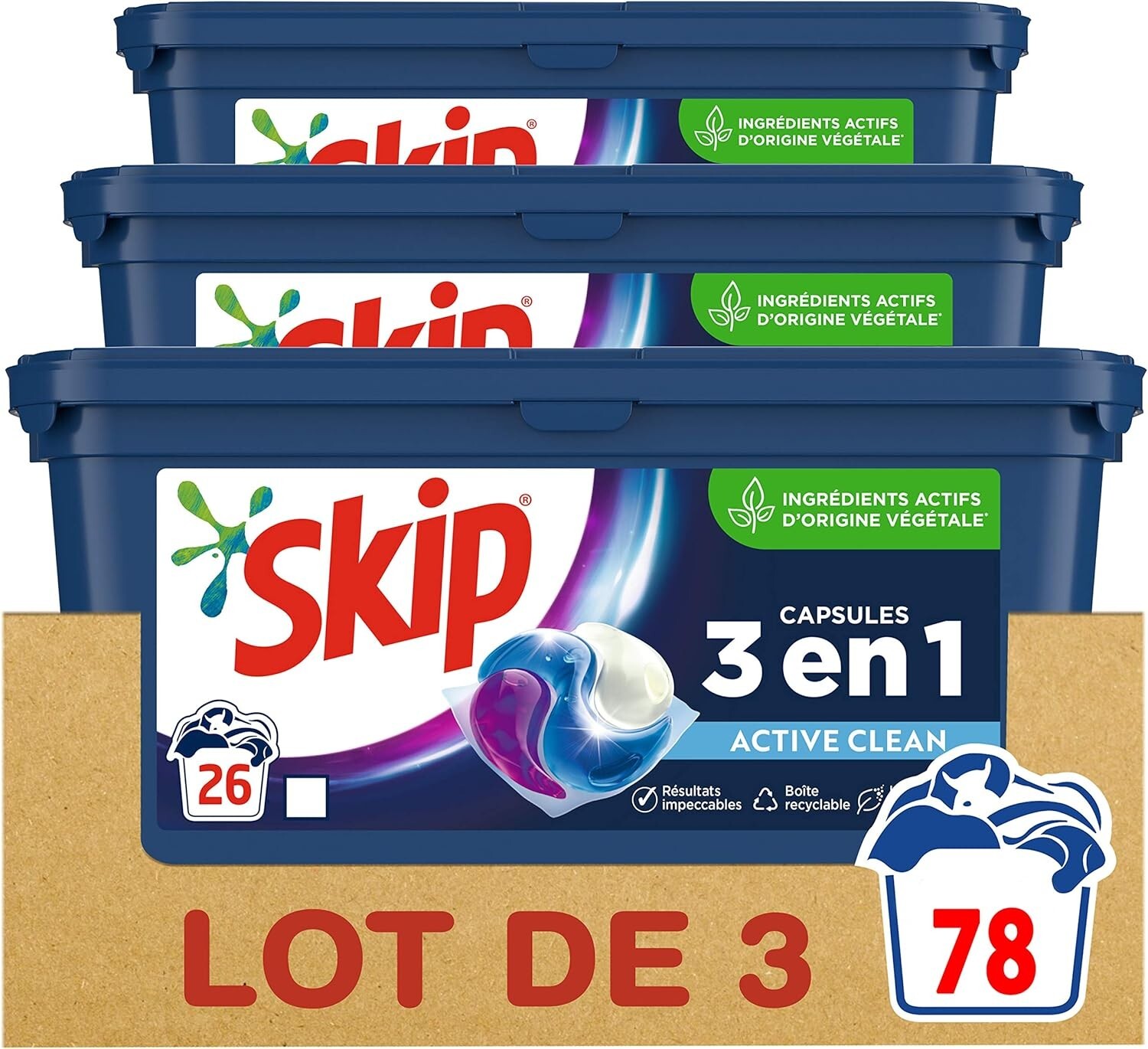 Lessive SKIP Active Clean formule triple action 92 capsules pour un nettoyage en profondeur