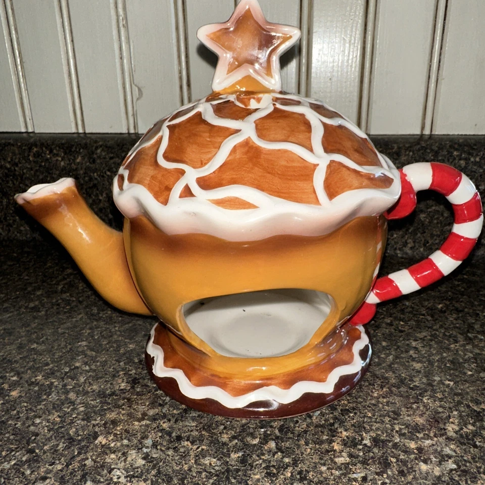 Glazed Ceramic Gingerbread House Teapot Tea light Candle Holder - Image 3 of 4