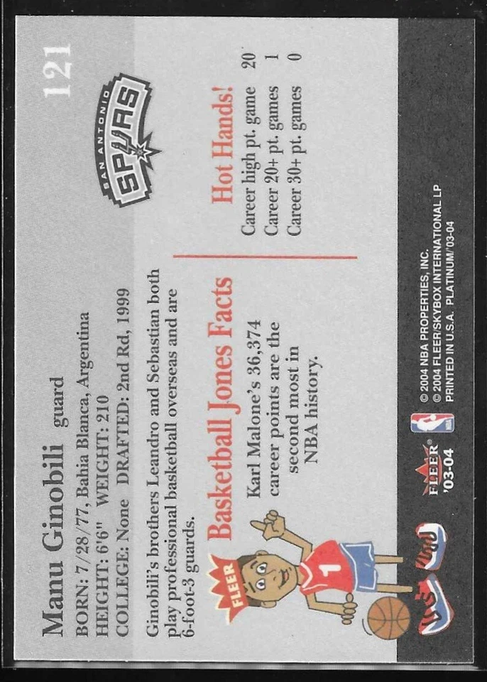 2003-04 Fleer Platinum Manu Ginobili #121 HOF - Image 2 of 2