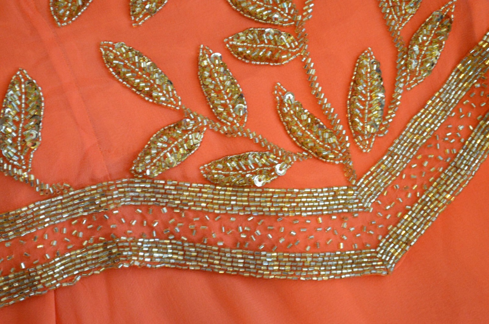 vtg Cassandra Stone II Orange Beaded Dress,Gown,Party,Silk,Gold Beads/Sequins,14