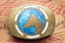 Vintage Hand Made Horse Head Mother of Pearl Inlay Western Belt Buckle