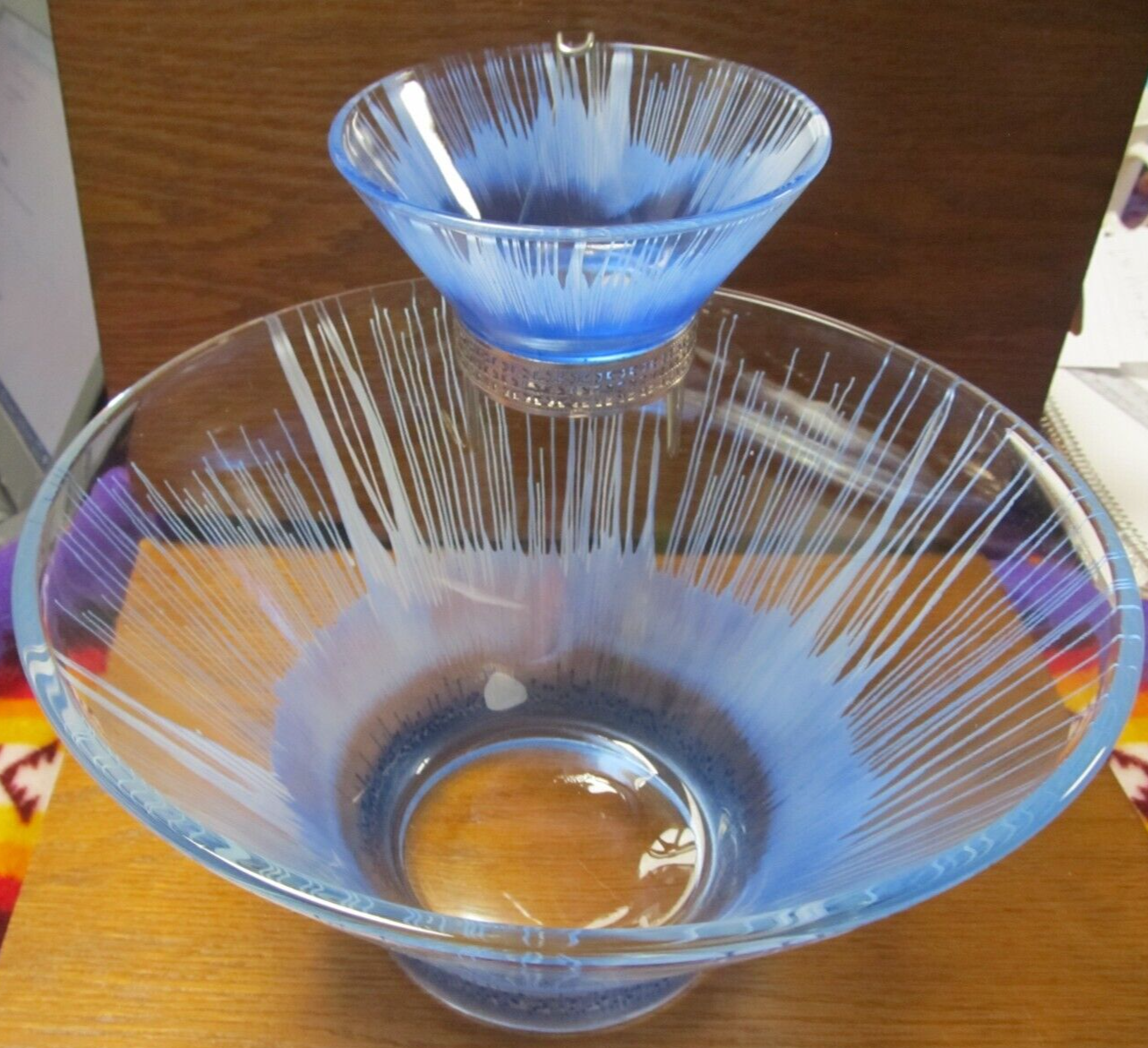 Vintage Anchor Hocking Blue White Splash Chip Dip Set with Silver Hanger