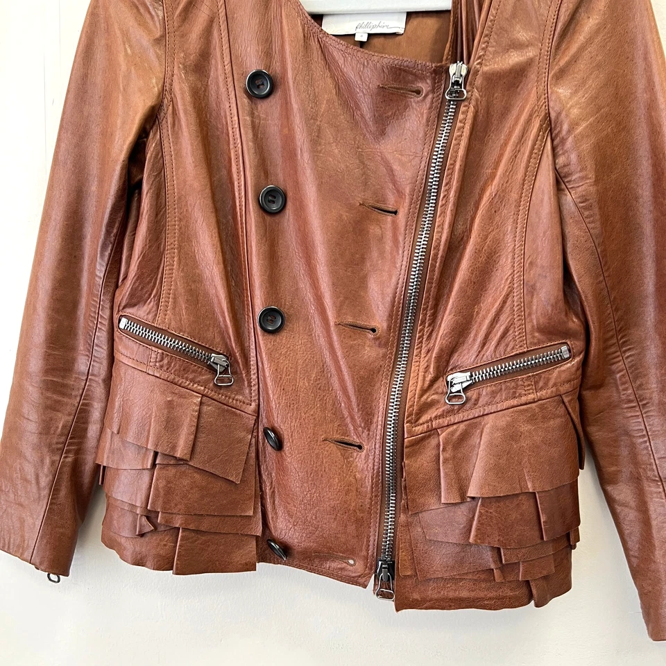 Phillip Lim Jacket Size 4 Brown Ruffle Hem Leather Asymmetrical Zip Moto Biker - Image 4 of 4