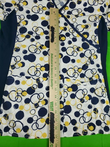 Cherokee white dark blue circle bubbles pattern women's scrub top size xs - Picture 3 of 5