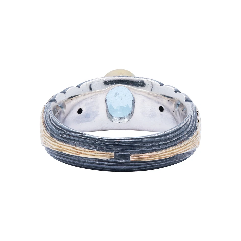 Sólido 18k Oro Amarillo & 925 Plata Aguamarina & Diamante Compromiso Banda - Imagen 3 de 3