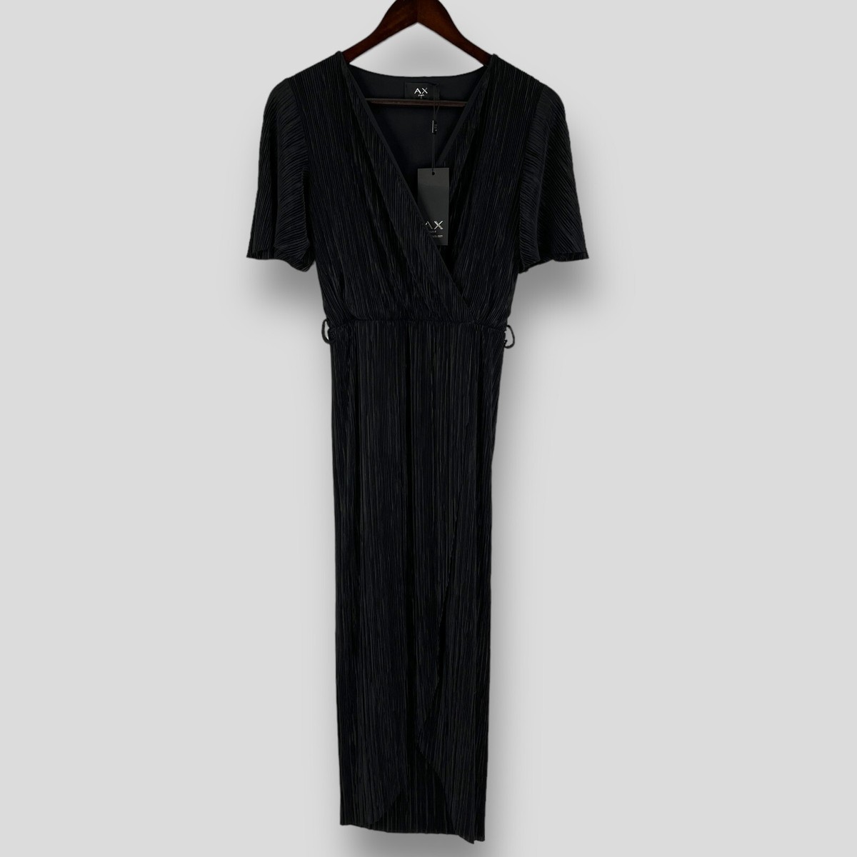 AX PARIS Black Wrap Top Belted Short Sleeve Plisse Midi Dress SIZE