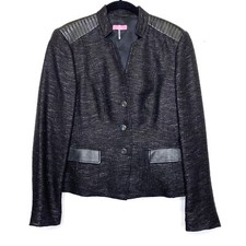 NWOT 650 Basler Black Textured Linen Tweed Vegan Leather Jacket Blazer sz 40 10