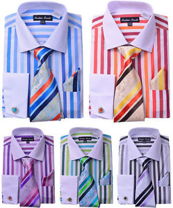 Men's Shirt Bold Stripes W/Tie & Hanky Matching Color Cat Eyes Cufflinks FL-629
